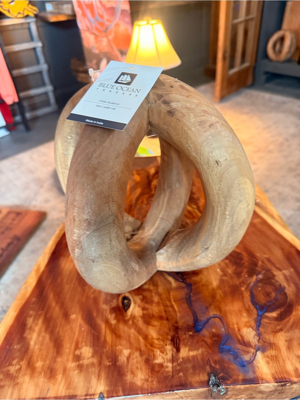 Blue Ocean Traders Carved Natural Wood Orbit Sculpture - Light Brown